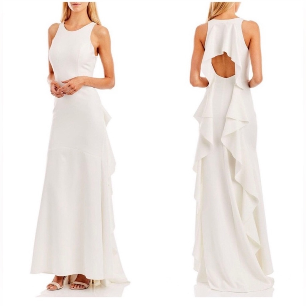 NWT Nicole Miller Size 6 Ruffle Back Crepe Wedding Bride Formal Gown Dress White